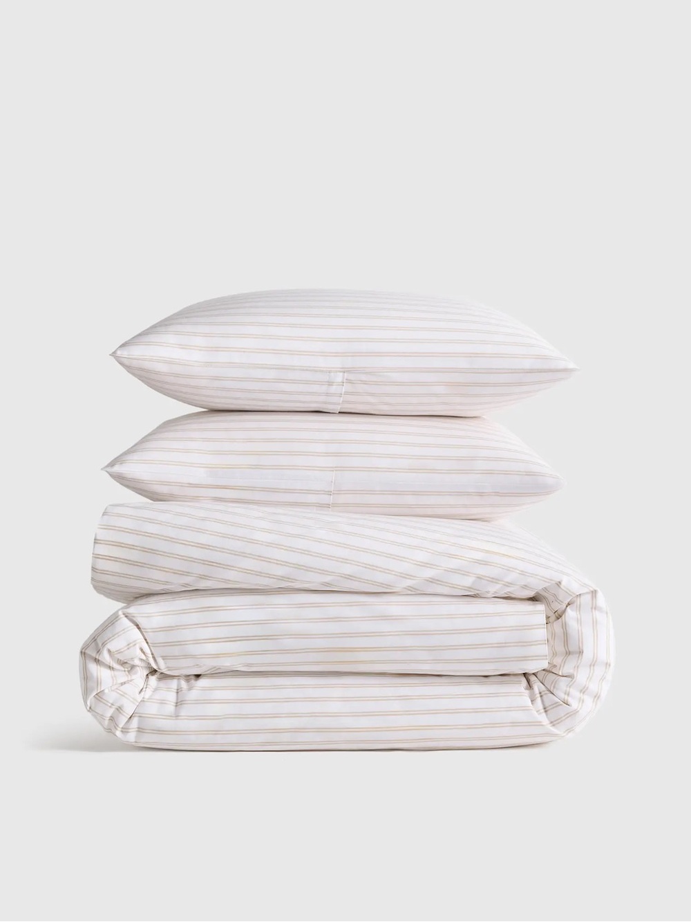 NEW Quince Queen Organic Crisp Percale Duvet Cover Set w/ shams Stripe Toffee